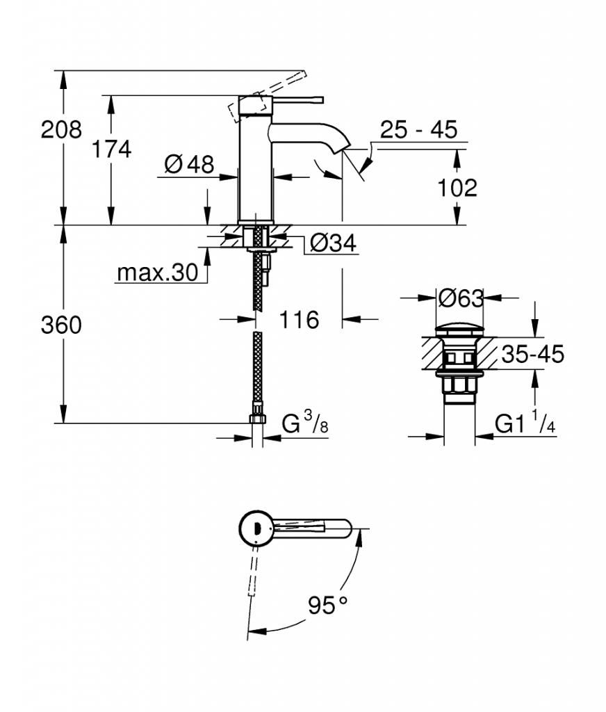 Смеситель для умывальника GROHE ESSENCE донный клапан 3/8 23797001 - фото 2