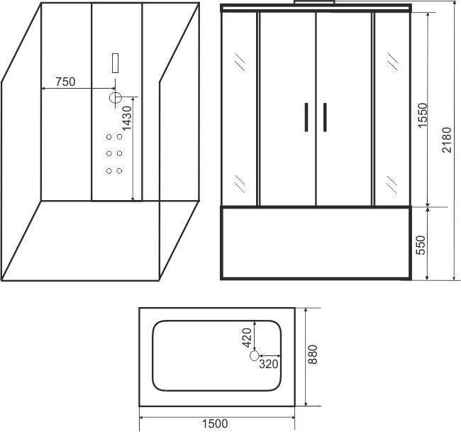 Душевая кабина AOCLEAR 150*88/218 AKL-1150 (ванна с поддоном, гидромассаж, графит, хромированная)