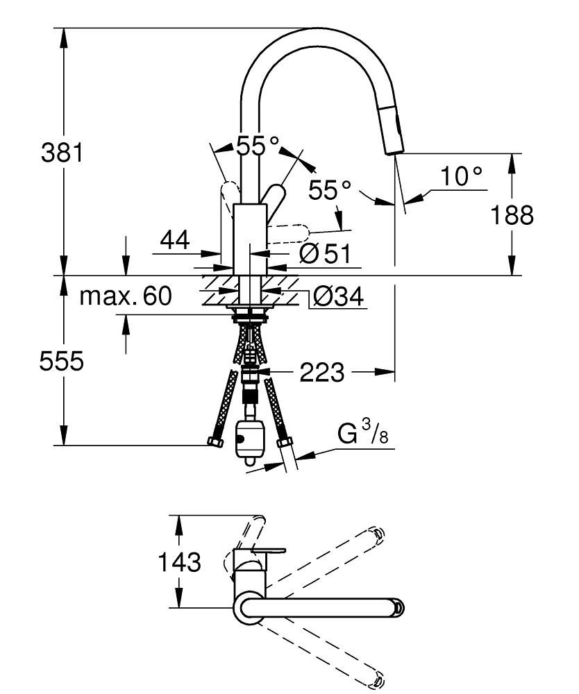 Смеситель для мойки GROHE EUROSTYLE COSM вытяжной излив 3/8 31482003 - фото 3