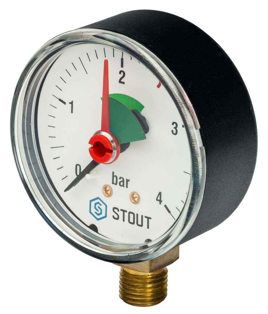 Манометр радиальный с указателем предела STOUT D-63, 1/4", 0-4 бар