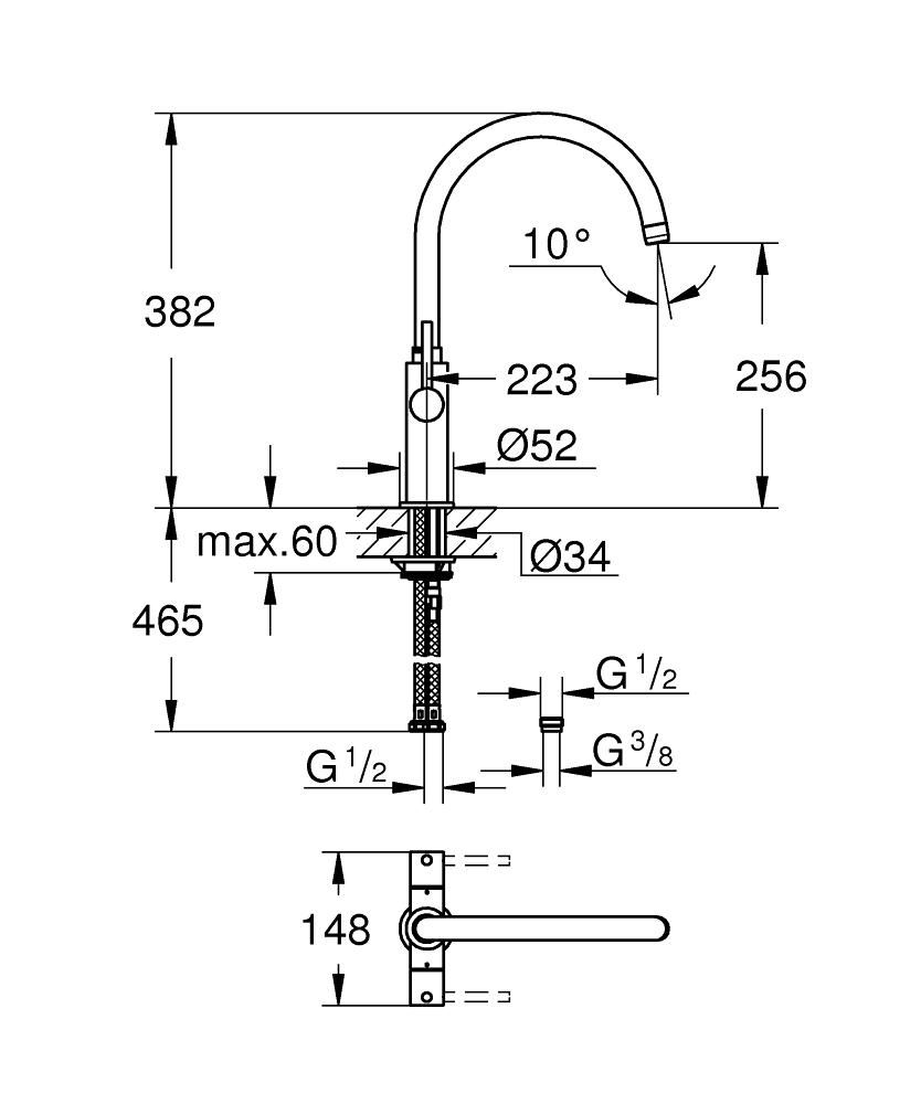 Смеситель для мойки GROHE AMBI COSM высокий излив 3/8 30190000 - фото 2
