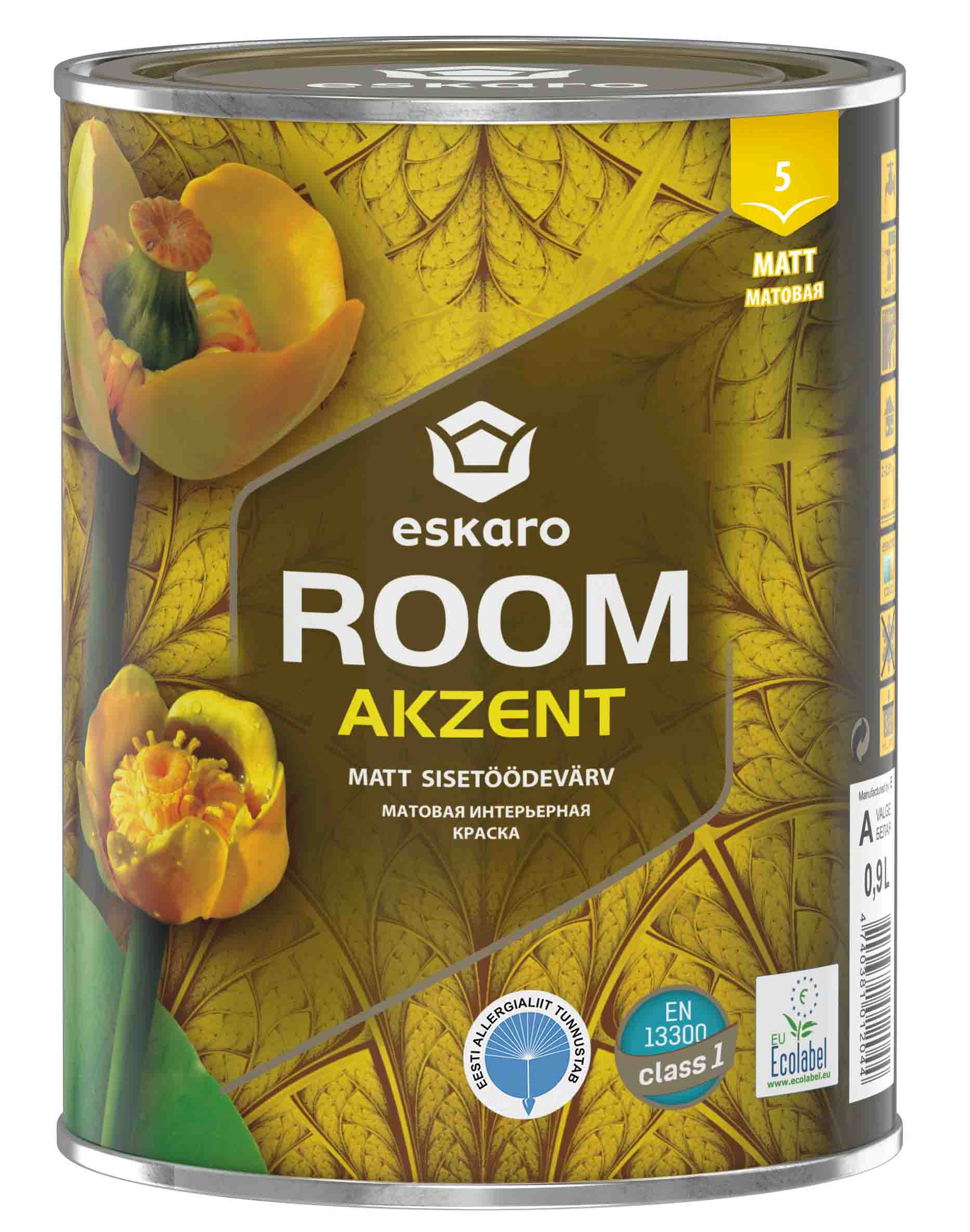 Матовая интерьерная краска для стен и потолков Eskaro Akzent Room база А белая 0,9 л