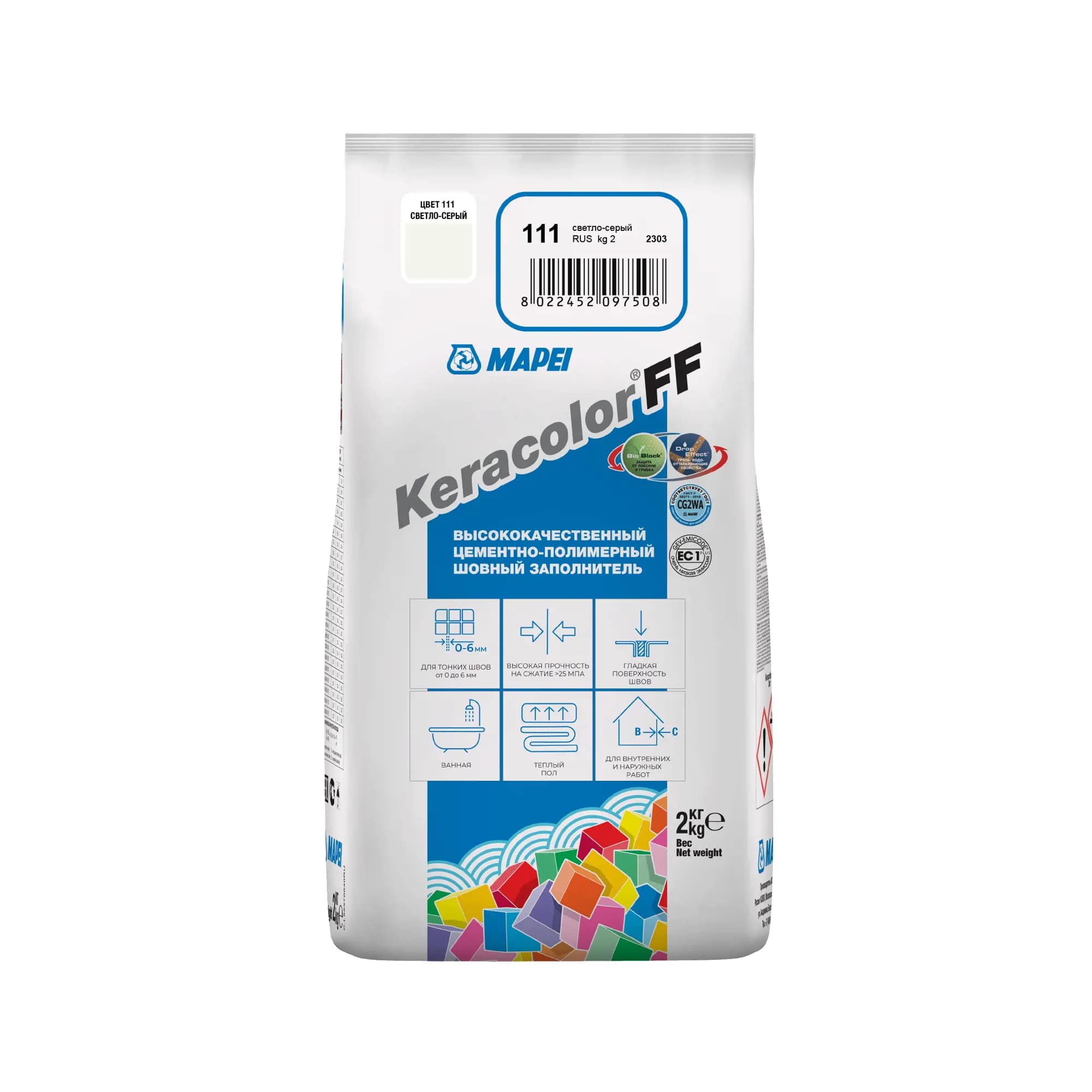 MAPEI KERACOLOR FF Затирка цементная No 111 ALU, светло-серый (2 кг)