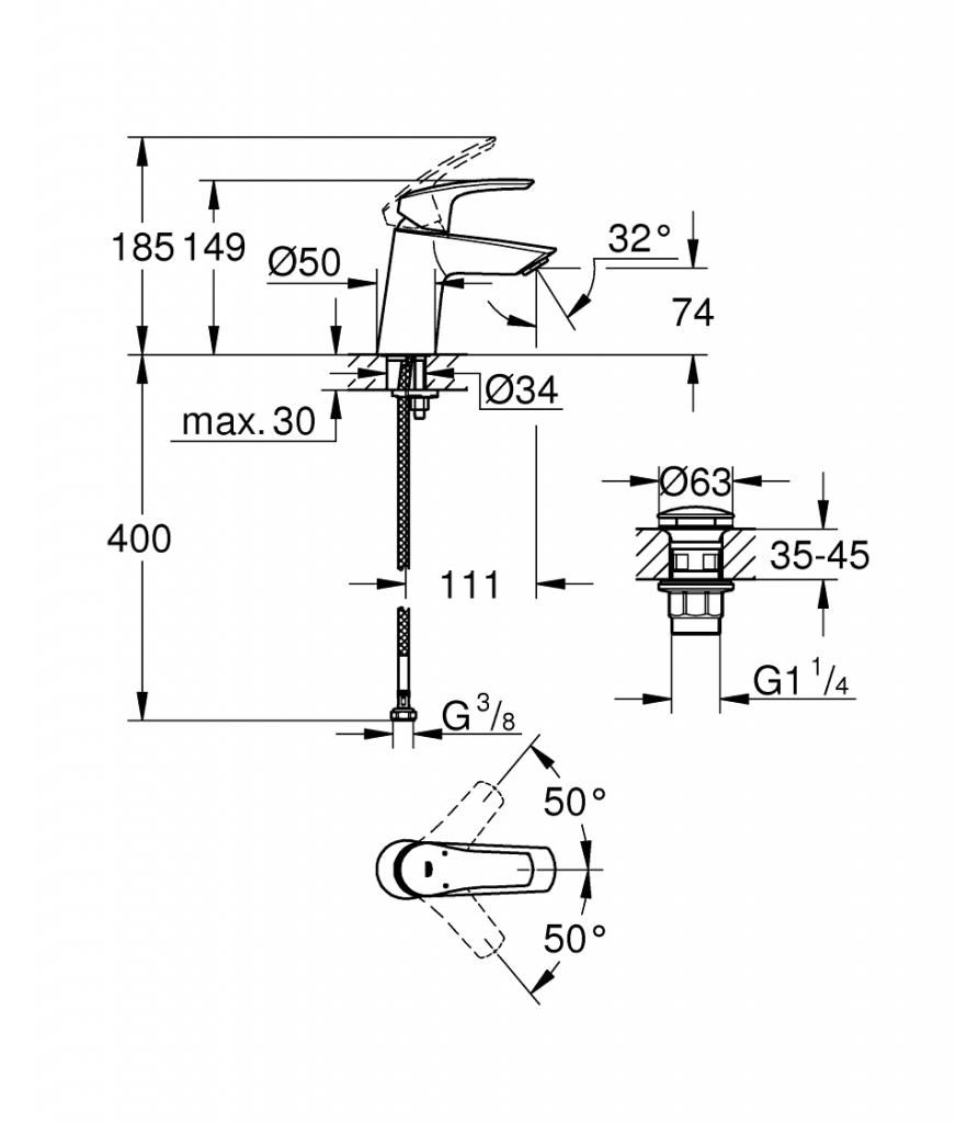 Смеситель для умывальника GROHE EUROSMART донный клапан 3/8 23968003 - фото 4