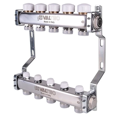 Коллекторный блок из нержавеющей стали Valtec VTc.582, 1" на 9 контуров 3/4", с регулирующими и балансировочными клапанами, евроконус