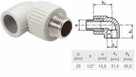 ПП Угольник Ekoplastik D25х1/2 наружная резьба A90 (серый)