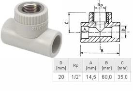 ПП Тройник Ekoplastik D25х1/2 внутренняя резьба (серый)